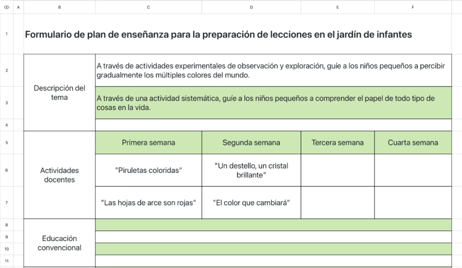Formulario de plan de enseñanza para la preparación de lecciones en el jardín de infantes